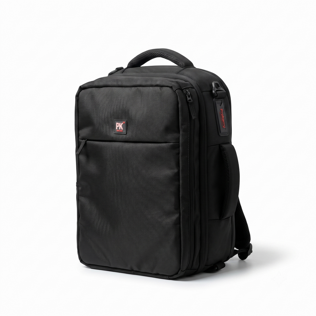 A black PK brand backpack with multiple zippered compartments, a top carry handle, and a side shoulder strap, photographed on a clean white background.