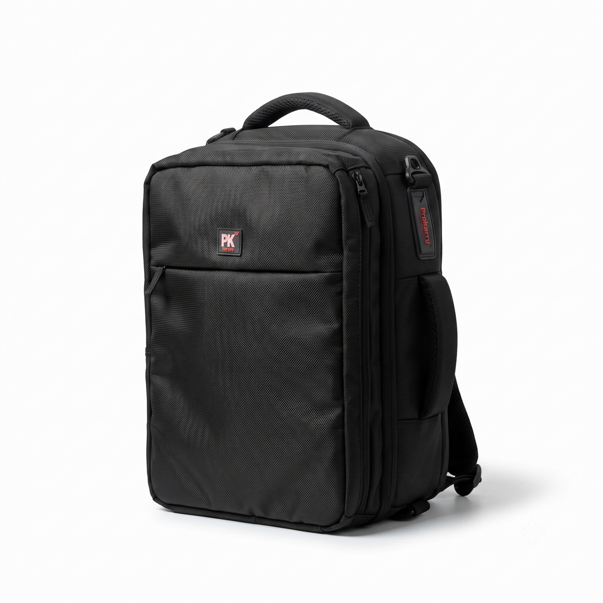 A black PK brand backpack with multiple zippered compartments, a top carry handle, and a side shoulder strap, photographed on a clean white background.